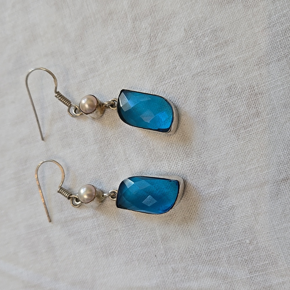 Magnificent  Sterling Silver & London Blue Topaz Pearl Dangle Earrings
